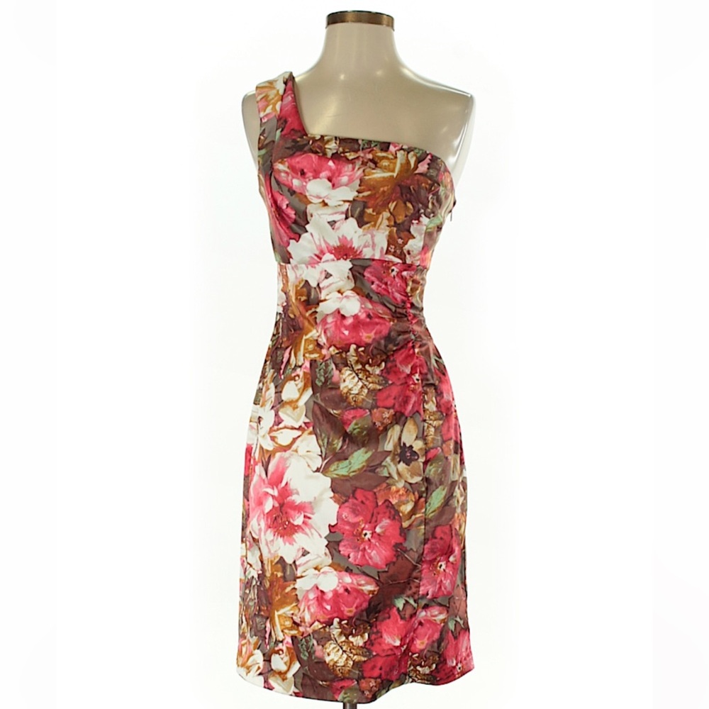 Donna Ricco One-Shoulder Floral Dress in Pink and Brown Sz 4 MSRP $143